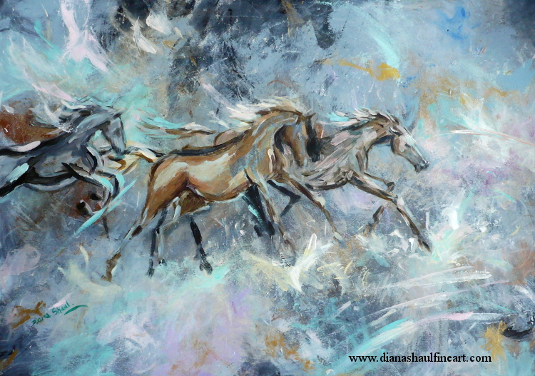 Original painting of racehorses against an abstract background featuring metallic shades.