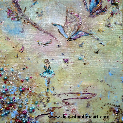 A ballerina stops dancing mid-pirouette when butterflies begin to dance with her in this original painting.