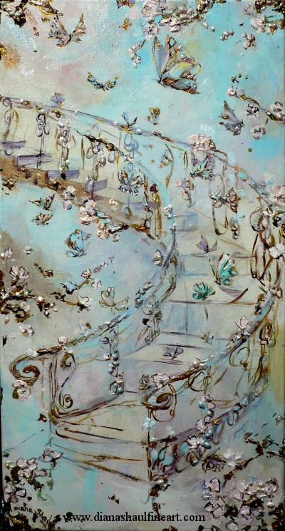 A curving staircase allows butterflies to make a grand entrance. Original painting.