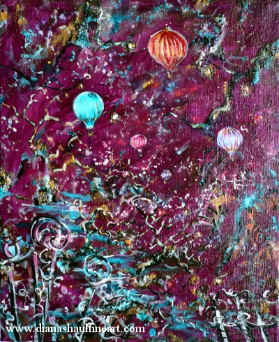 Painting in raspberry tones of hot air ballons navigating a cluttered sky.