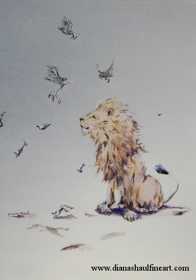 Original painting created in acrylic and graphite pencil depicting a lion looking on as doves deliver notes to him.
