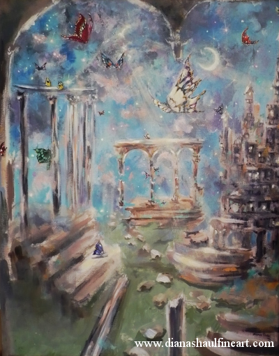 Original painting of butterflies amid ruins, set against a starry moonlit sky.