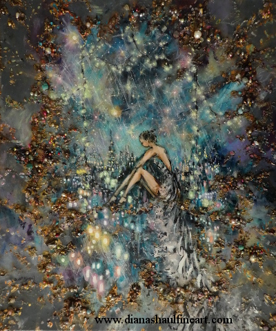A woman in a long gown with a train sits watching the rain over the city. Highly embellished and textured original painting.
