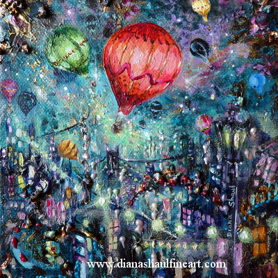 Colourful hot-air balloons fill a starry night sky over a city in this original painting.