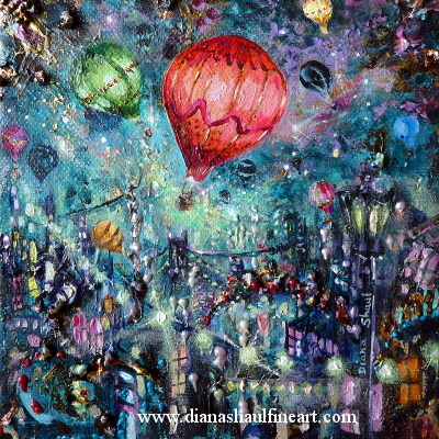 Colourful hot-air balloons fill a starry night sky over a city in this original painting.