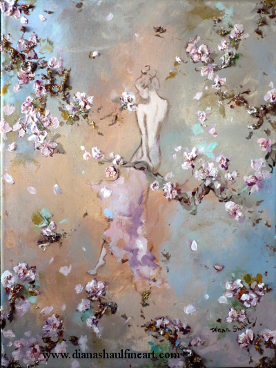 A young woman in a backless pale pink dress sits on a tree branch blooming with pink spring blossoms. Original painting.