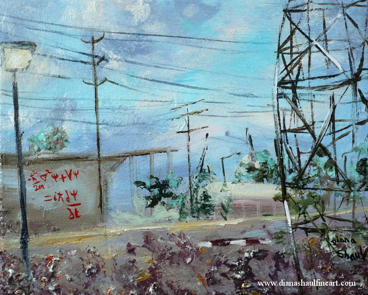 Original painting of an industrial view featuring Schrodinger's equation as graffiti.