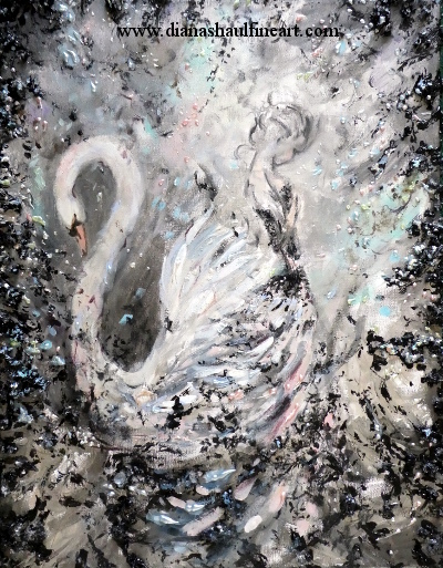 In this original painting, a woman and a swan appear back to back, the woman's gown becoming one with the swan's feathers.