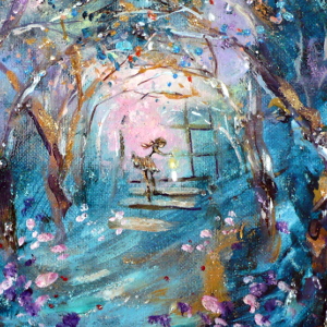 Under a canopy of trees, where a house once stood, a young woman lights a candle. Original painting.