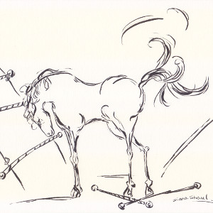 Original drawing in black and white of a horse with a fence it has partially kicked down.