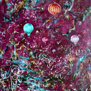 Painting in raspberry tones of hot air ballons navigating a cluttered sky.