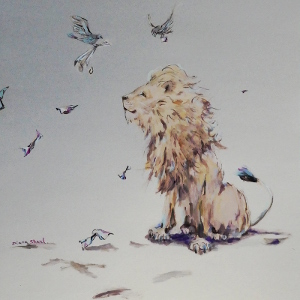 Original painting created in acrylic and graphite pencil depicting a lion looking on as doves deliver notes to him.