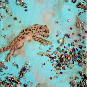 An original semi-abstract painting in acrylic and mixed media of a leopard pouncing.