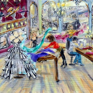 Original painting depicting a busy costume department, including a beautiful dress in the foreground and a gallery of hats.