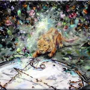 Original painting: a lioness crouches before a giant clock, noticing the hands have become detached from the face.