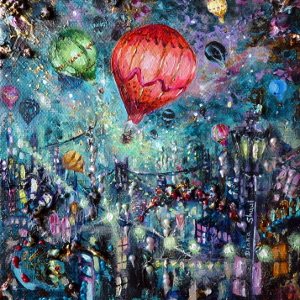 Colourful hot-air balloons fill a starry night sky over a city in this original painting.