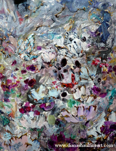 Original semi-abstract painting depicting flowers and butterflies in silvery and jewel-coloured tones.