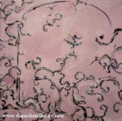 A wrought iron gate featuring a tiny ballerina, painted against a pink backdrop.