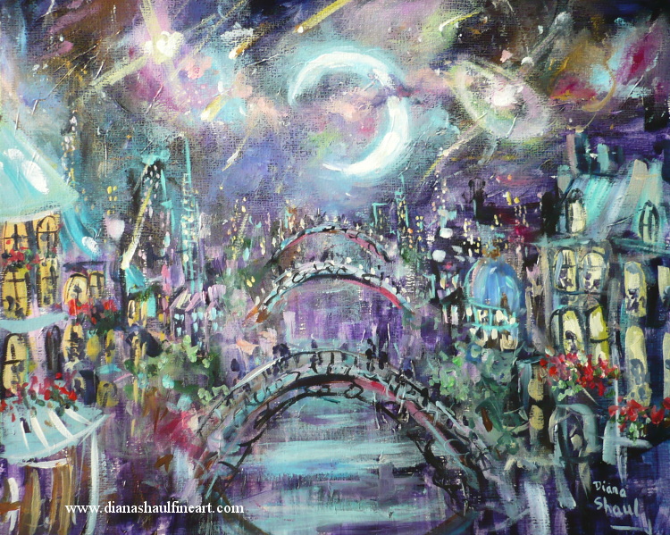 Original painting of the bridges over the river that cuts through a city, under a moonlit sky.