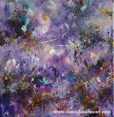 Two ballerinas in an abstract landscape dominated by shades of purple.