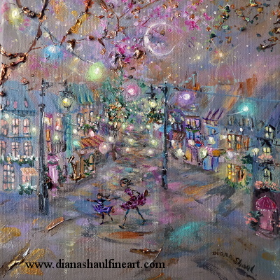 Under a crescent moon, a mother and daughter have an adventure, exploring their neighbourhood at night. Original painting.