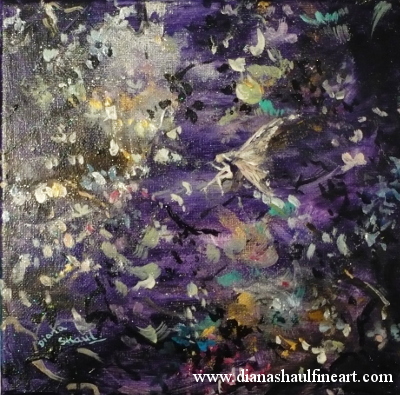 Original painting of a fairy resting, hidden amongst white blossoms.