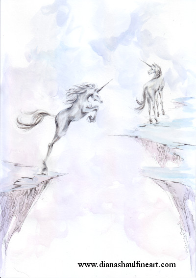 Original painting in soft shades of two unicorns on cliffs separated by a chasm.