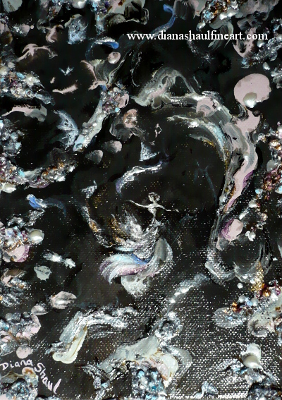 Original painting of the tiny figure of a woman dancing against a sparkly abstract background.