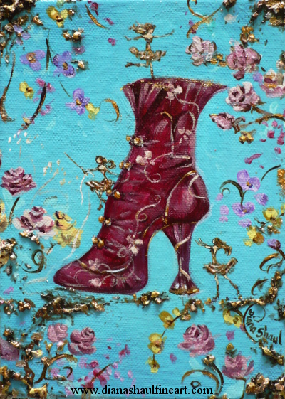 Original painting of three magical golden figures crafting an exquisite burgundy boot.