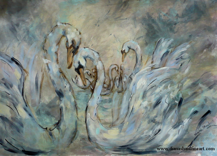 Original painting in shades of silver, gold and white, depicting mute swans.