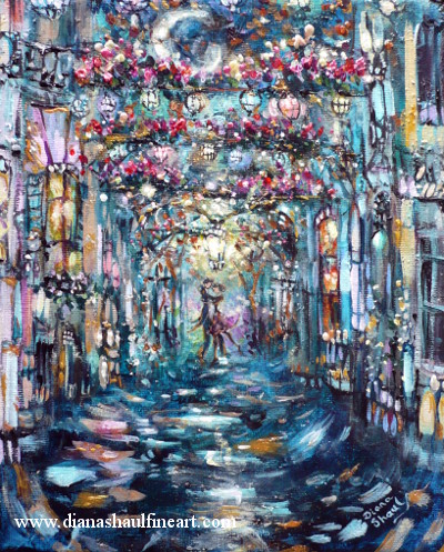 Under a midnight-blue sky, on a narrow street decorated with flowers and lanterns, a young couple embrace. Original painting.