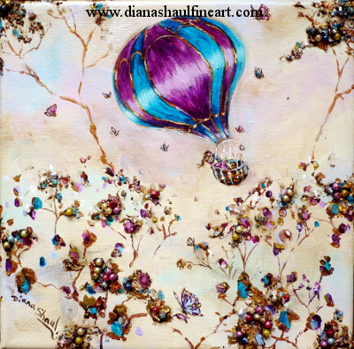Original painting of a young couple embracing in a hot-air balloon, butterflies all around them.