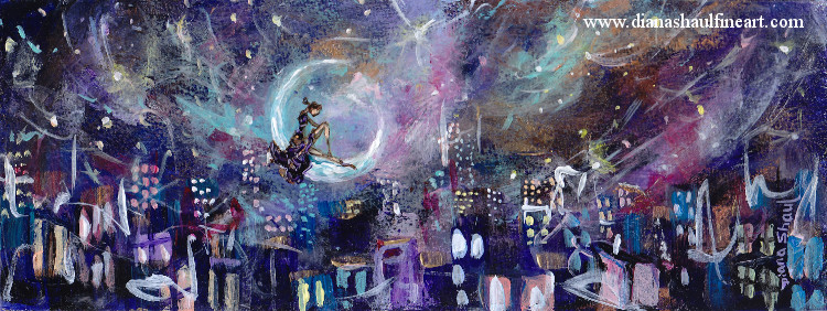 A young woman sits on a crescent moon and watches over the city below her in this original painting.