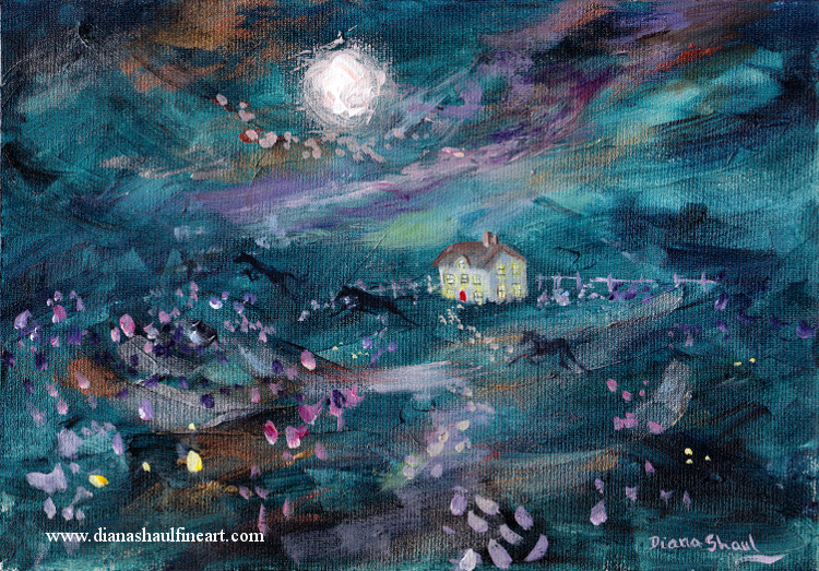 Under a full moon in a midnight-blue sky, the shadows of three horses cross fields in front of a cottage. Original painting.