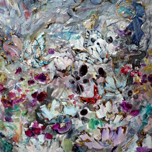 Original semi-abstract painting depicting flowers and butterflies in silvery and jewel-coloured tones.