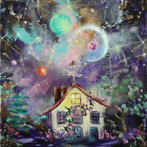 A young woman balances on the apex of the roof of her house and touches the stars. Original painting.