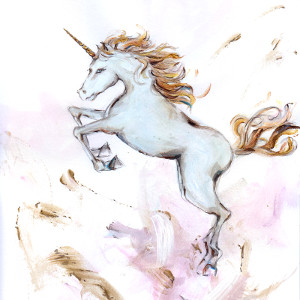 Original painting of a unicorn (white, with gold horn, mane and tail) leaping.