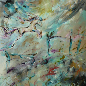 Semi-abstract mixed media painting of a unicorn jumping hurdles.