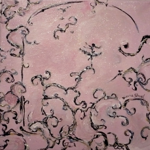 A wrought iron gate featuring a tiny ballerina, painted against a pink backdrop.