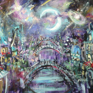 Original painting of the bridges over the river that cuts through a city, under a moonlit sky.