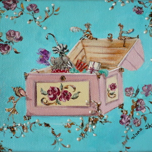 Three tiny figures fill a chest with a lifetime's small treasures in this original painting.