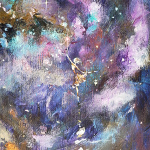 A tiny ballerina executes an arabesque in a purple starry sky. Original painting in acrylic.