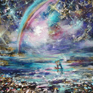 A rainbow arches across a purple sky as a young couple dance in the waves. Original painting.
