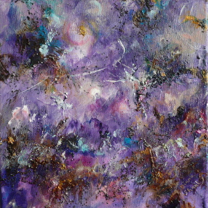 Two ballerinas in an abstract landscape dominated by shades of purple.