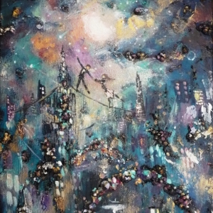 A young couple dance hand in hand on a tightrope over the city. Original painting.