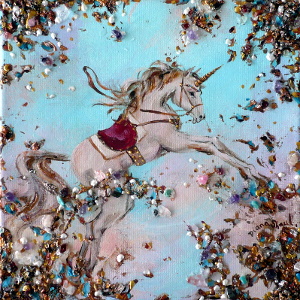Highly embellished original painting of a white unicorn with gold mane and tail wearing a saddle and bridle.