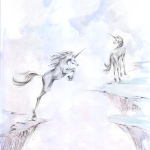 Original painting in soft shades of two unicorns on cliffs separated by a chasm.