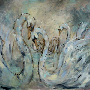 Original painting in shades of silver, gold and white, depicting mute swans.