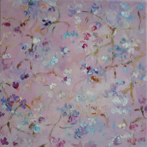 Fragile blossoms turn the world pink in this semi-abstract painting.