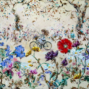 Original painting of a young woman cycling through a landscape with oversized flowers in the foreground.